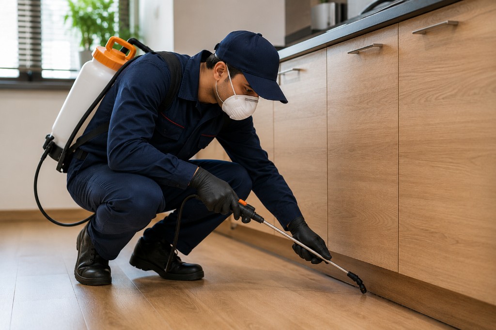 Professional pest control technician treating a home kitchen